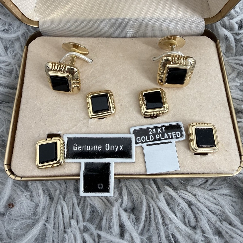 J.J. Weston 24KT Gold Plated Onyx Cufflinks & Studs Tuxedo Set Boxed Vintage